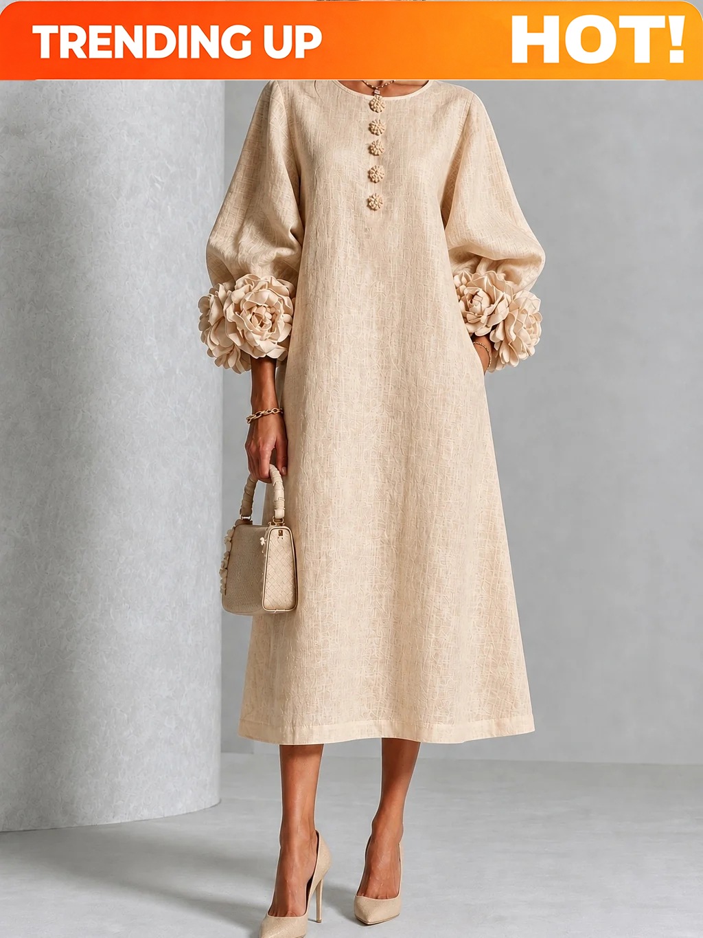 Midi Dress - Elegancka damska lniana sukienka midi z