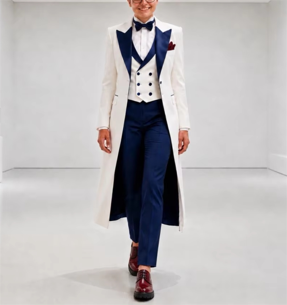 Womens Blazer - Granatowo-biała damska marynarka, elegancki, dopasowany strój