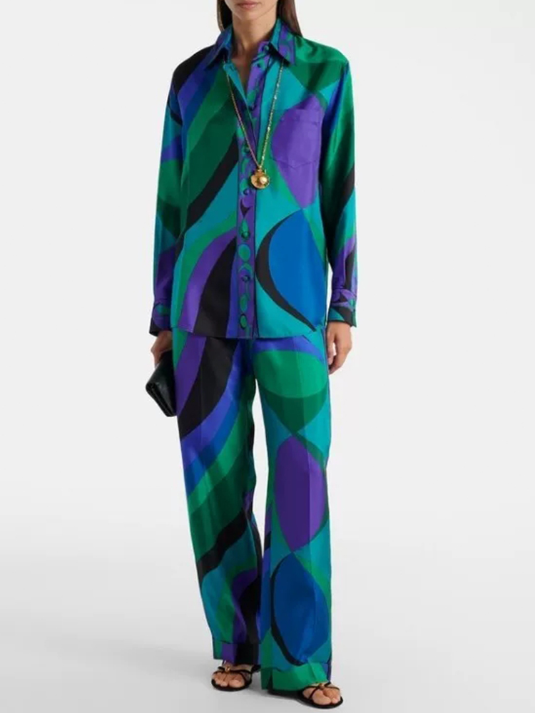 Silk Blouse - Retro geometryczny wzór, jedwabna koszula z